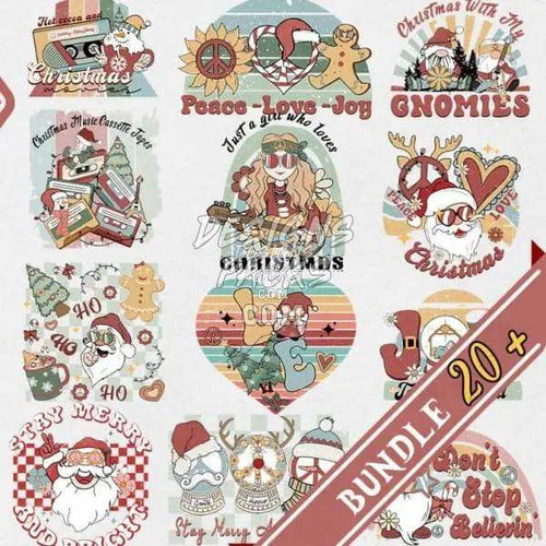 Christmas-themed DTF/DTG designs bundle with festive graphics, Santa, gnomes, and holiday quotes
