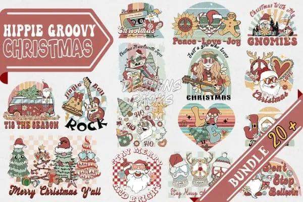 Hippie Groovy Christmas designs bundle with festive, retro holiday graphics for DTF, DTG, and embroidery