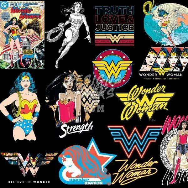 Wonder Woman DTF DTG embroidery designs bundle with logos, quotes, and comic art for print-ready PNG SVG