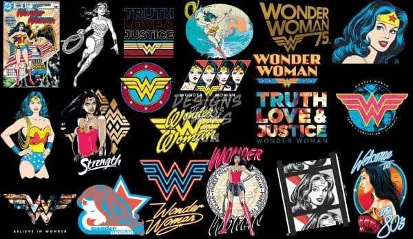 Wonder Woman designs collection featuring logos, emblems, and artwork for print-ready use.