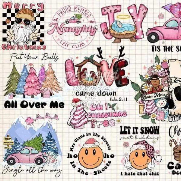 Festive Christmas DTF/DTG designs bundle with Santa, trees, cars & holiday quotes for print-on-demand