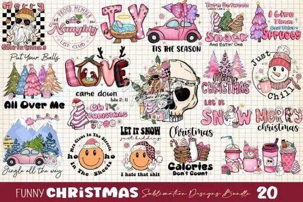 Funny Christmas sublimation designs bundle with holiday quotes, trees, cars, and snowmen for DTG, DTF, embroidery