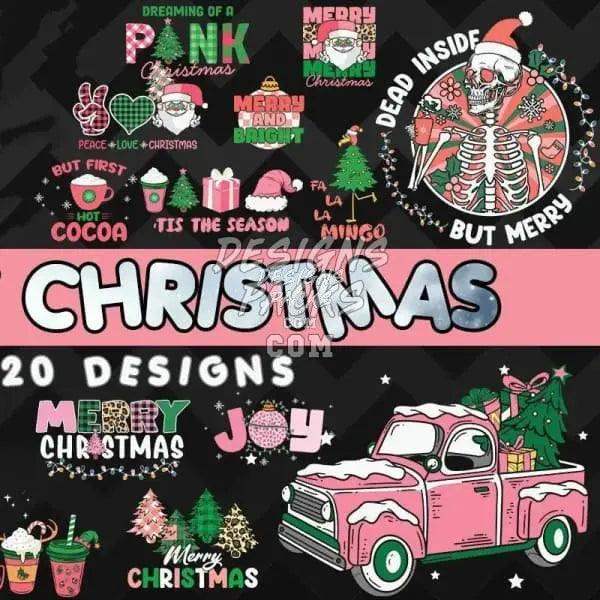 Festive Christmas designs bundle with pink truck, skeleton, and holiday phrases for DTG/DTF printing