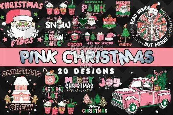 Pink Christmas designs bundle with festive graphics, text, and holiday elements for print-ready use.