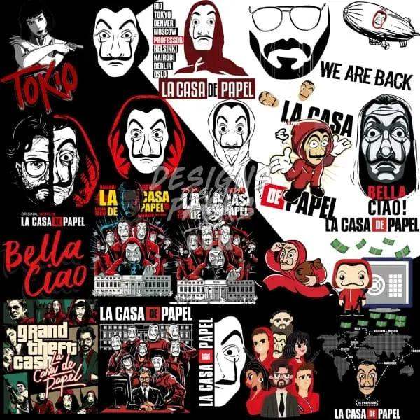 La Casa de Papel DTF DTG bundle with print-ready PNG SVG designs, featuring Tokyo, Professor, Bella Ciao, and heist scenes