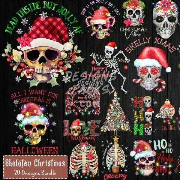 Skeleton Christmas designs bundle with festive skulls, Santa hats, and holiday phrases for DTF/DTG printing.