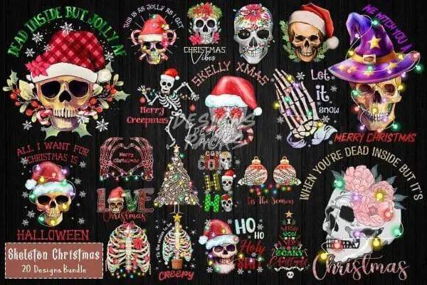 Spooky Christmas skull designs bundle with festive hats, ornaments, and holiday text for DTF/DTG printing