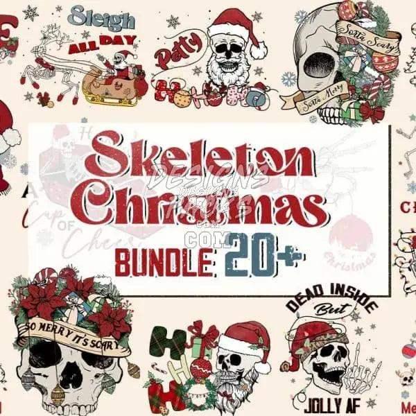 Skeleton Christmas Bundle with 20+ spooky holiday designs for DTG, DTF, and embroidery.