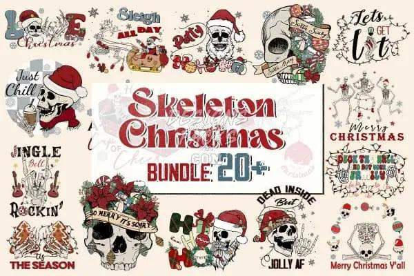 Skeleton Christmas Bundle with 20+ festive designs, perfect for DTF, DTG, and embroidery projects.