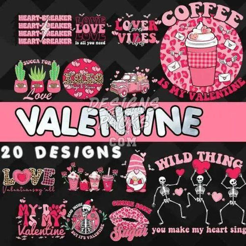 20 Valentine’s Day DTF/DTG designs with love quotes, coffee, skeletons, and pink hearts for t-shirts and tumblers