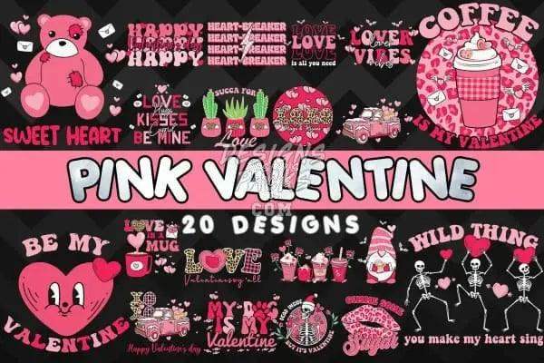 Pink Valentine's Day designs bundle with 20 print-ready graphics for DTF, DTG, and embroidery
