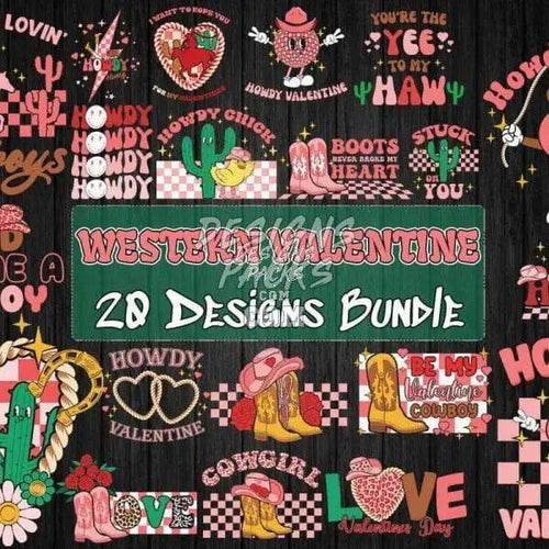 Western Valentine 20 Designs Bundle with cowboy boots, cacti, hearts, and checkered patterns for DTF, DTG, embroidery