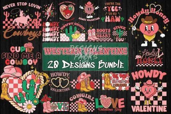 Western Valentine 20 Designs Bundle: cowboy, cactus, hearts, boots, and love quotes for DTF, DTG, embroidery