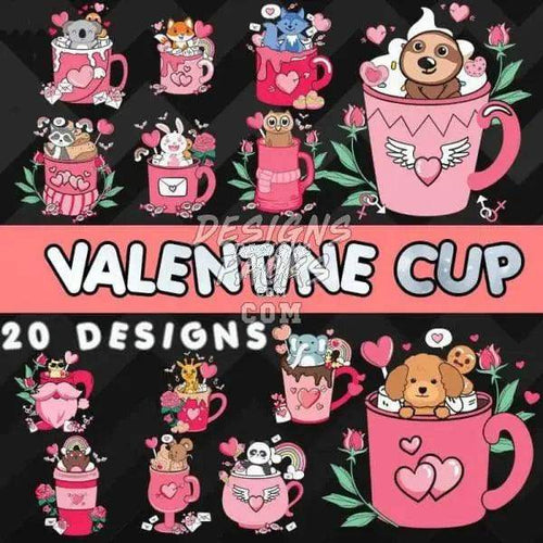 20 Valentine Cup designs with cute animals in pink mugs, hearts, roses — perfect for DTF, DTG, embroidery
