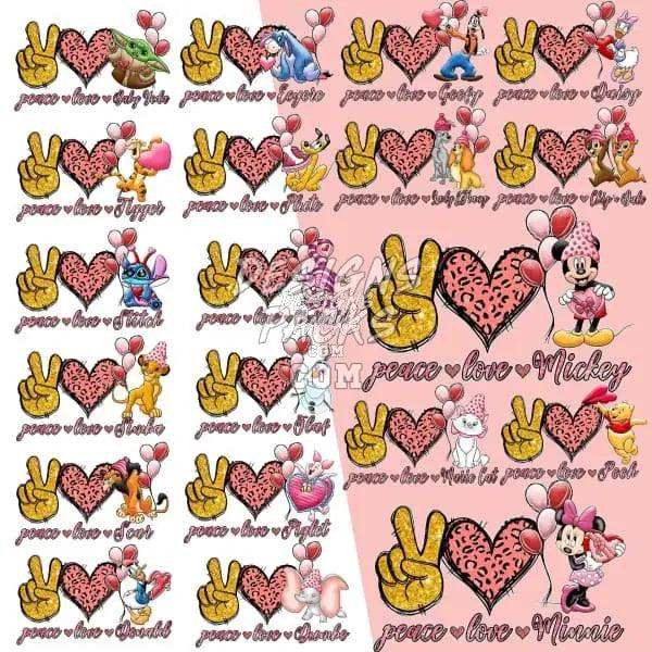 Peace love heart designs with Disney characters for DTF DTG embroidery, print-ready PNG SVG