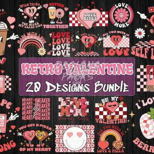 Retro Valentine 20 Designs Bundle with love-themed graphics, hearts, and checkered patterns for DTF/DTG printing.