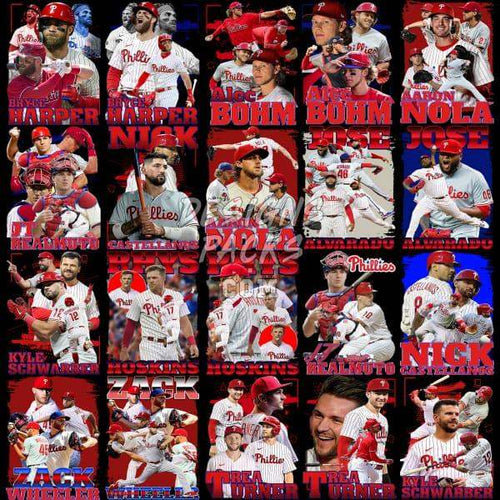 Philadelphia Phillies baseball players collage with names, ideal for DTF/DTG and embroidery designs