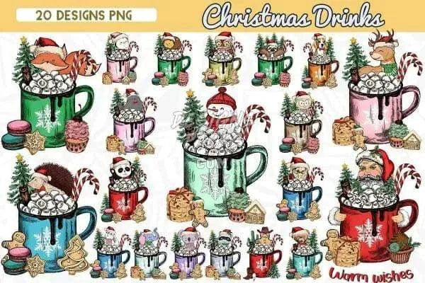 20 Christmas Drinks Designs Bundle PNG