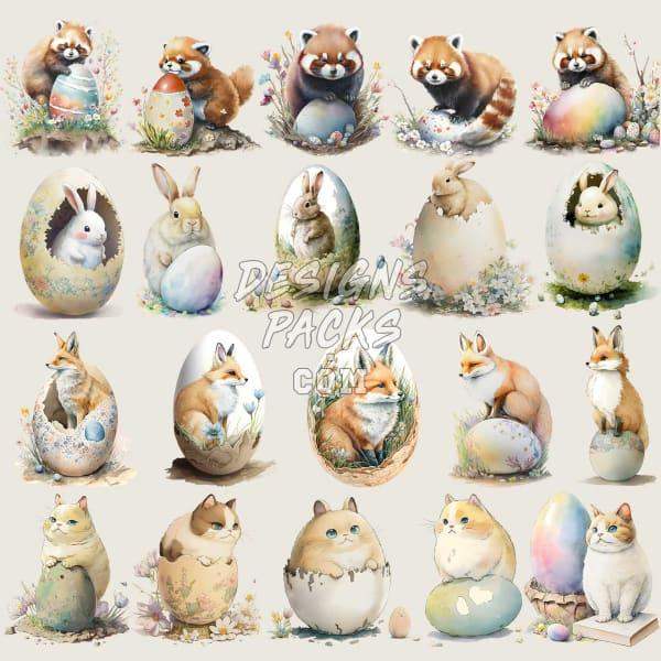 Cute Easter animals in eggs: red pandas, bunnies, foxes, cats — print-ready DTF/DTG & embroidery designs