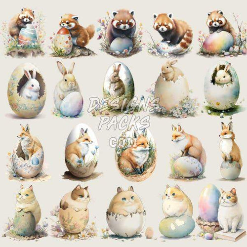 Cute Easter animals in eggs: red pandas, bunnies, foxes, cats — print-ready DTF/DTG & embroidery designs
