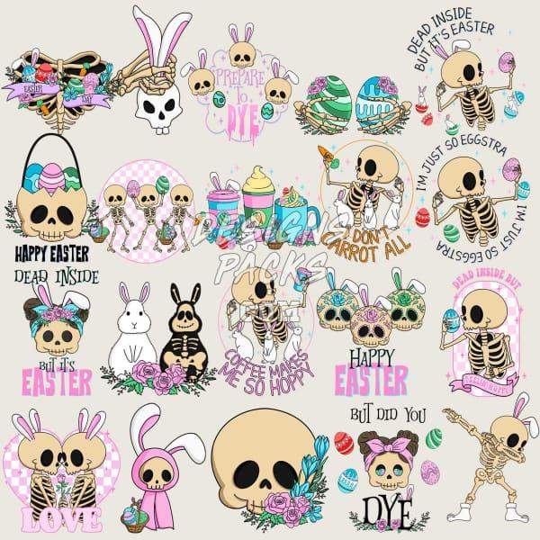 Cute Easter skeleton designs with bunnies, eggs, and floral accents for DTF, DTG, embroidery, and tumbler wraps