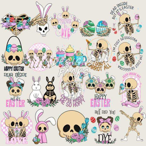 Cute Easter skeleton designs with bunnies, eggs, and floral accents for DTF, DTG, embroidery, and tumbler wraps