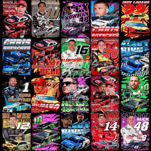 NASCAR driver designs for DTF, DTG, embroidery — print-ready PNG, SVG, PES bundles