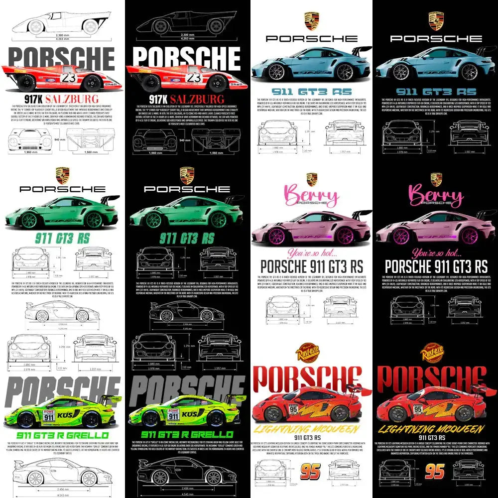 20 Porsche Cars Streetwear Dual Colors Designs Bundle PNG