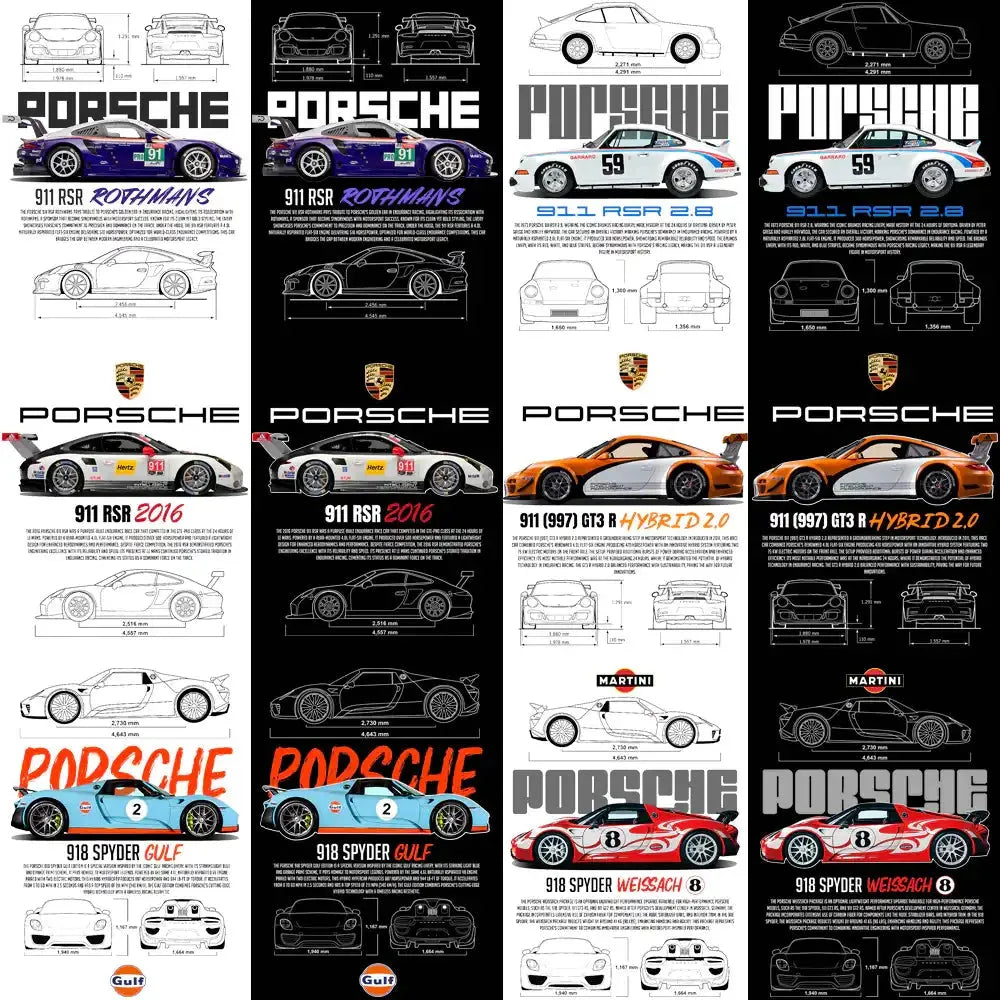 20 Porsche Cars Streetwear Dual Colors Designs Bundle PNG