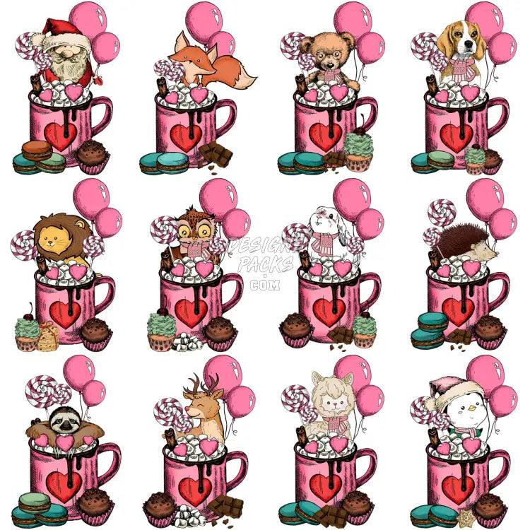 20 Valentine Drinks Ballons Animals Designs Bundle Png