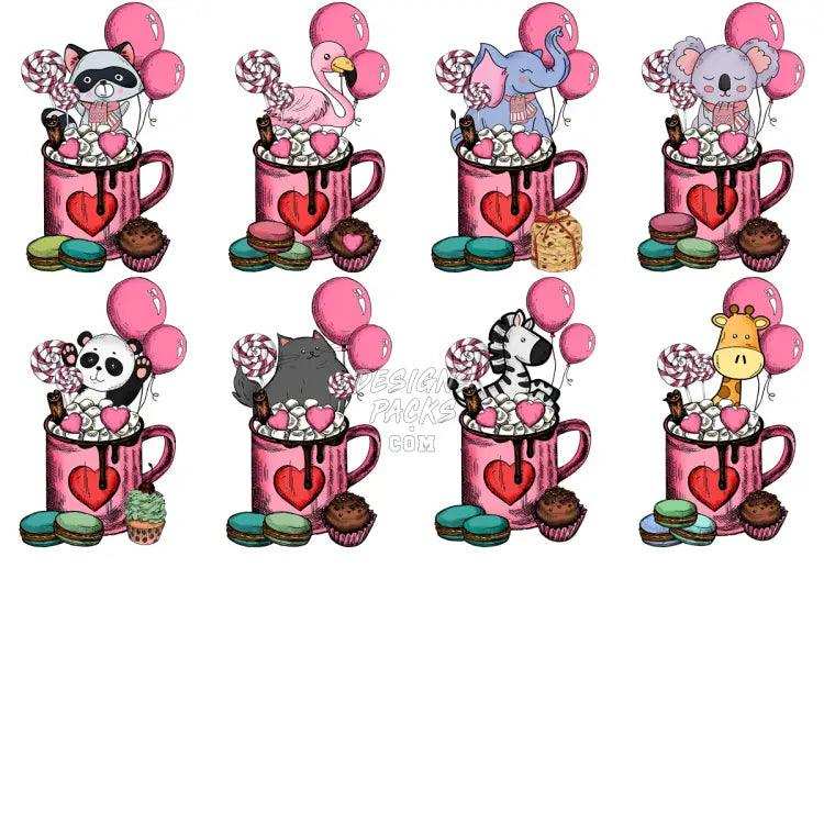 20 Valentine Drinks Ballons Animals Designs Bundle Png