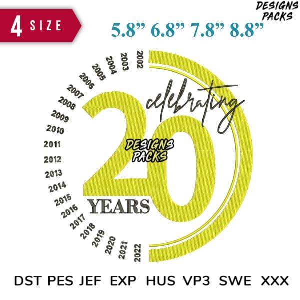 Celebrating 20 Years embroidery design in 4 sizes, compatible with DST PES JEF formats for custom apparel