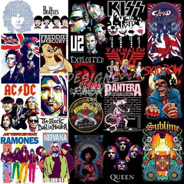 Rock band designs for DTF, DTG, embroidery, and tumbler wraps, featuring iconic artists and vibrant graphics.