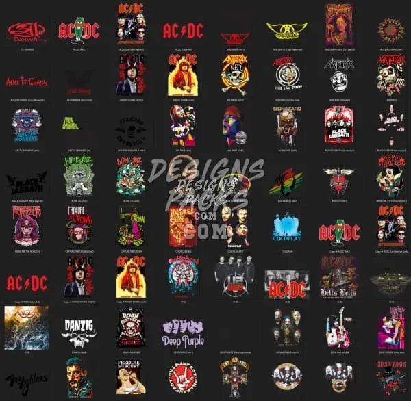 Rock band logo designs for DTF DTG embroidery, including AC/DC, Metallica, and Deep Purple print-ready bundles
