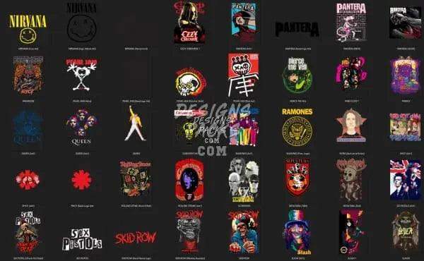 Rock band logos and album art designs for DTF, DTG, embroidery, and tumbler wraps — print-ready PNG, SVG, PES
