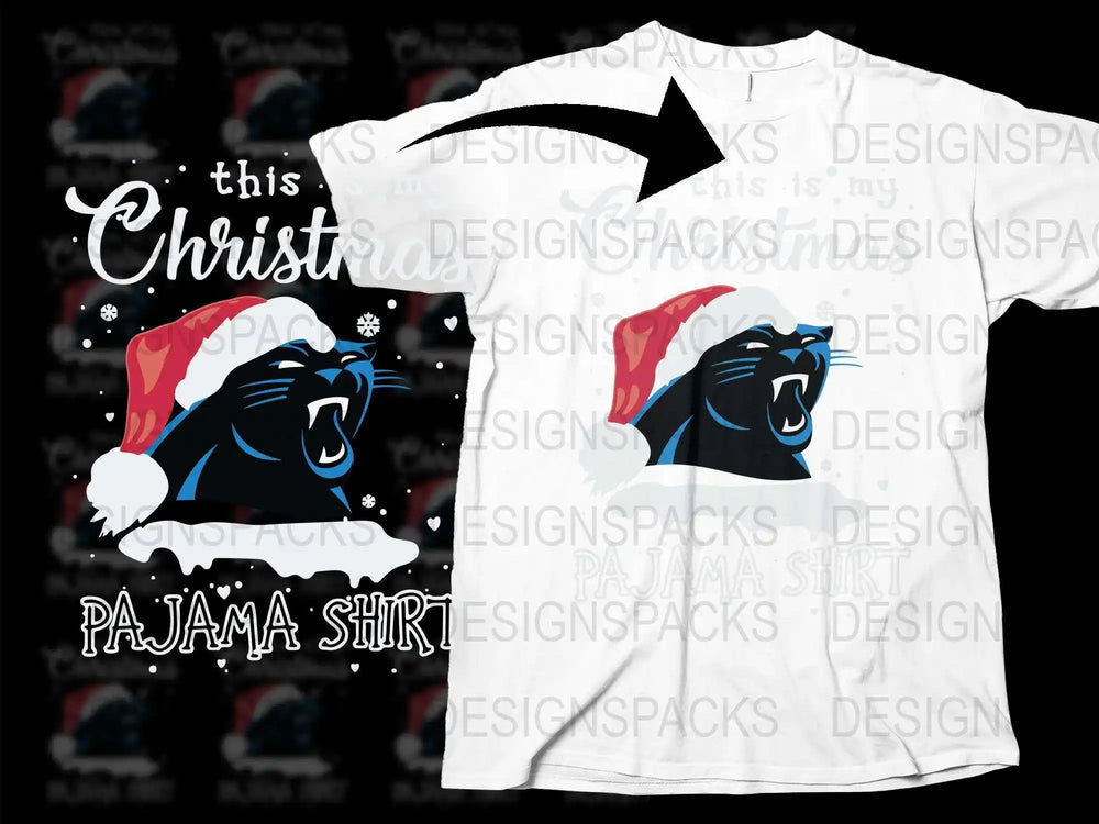 Funny Christmas Pajama Shirt, Cool Panther Santa Hat Graphic, Holiday Family Sleepwear Tee