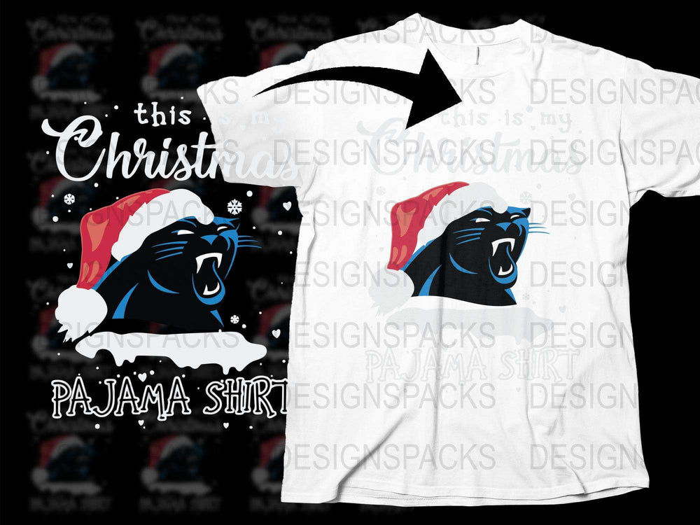 Funny Christmas Pajama Shirt, Cool Panther Santa Hat Graphic, Holiday Family Sleepwear Tee