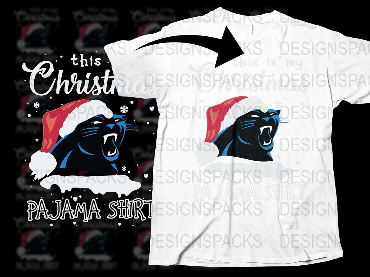 Funny Christmas Pajama Shirt, Cool Panther Santa Hat Graphic, Holiday Family Sleepwear Tee