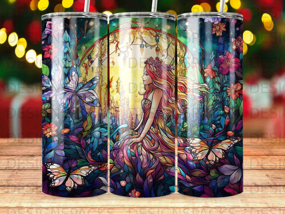 Woman with floral crown sits in a vibrant, stained-glass-style enchanted forest with butterflies.