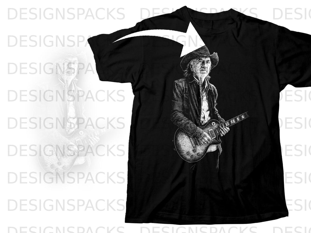 Black t-shirt with a sketch of a cowboy playing a guitar.