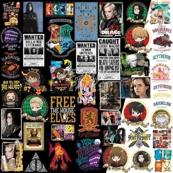 Harry Potter DTF/DTG designs bundle with Hogwarts houses, characters, and magical quotes for print-on-demand
