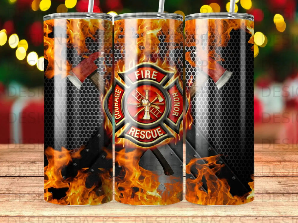 Firefighter emblem with axe, crossed tools, flames, and honeycomb background.
