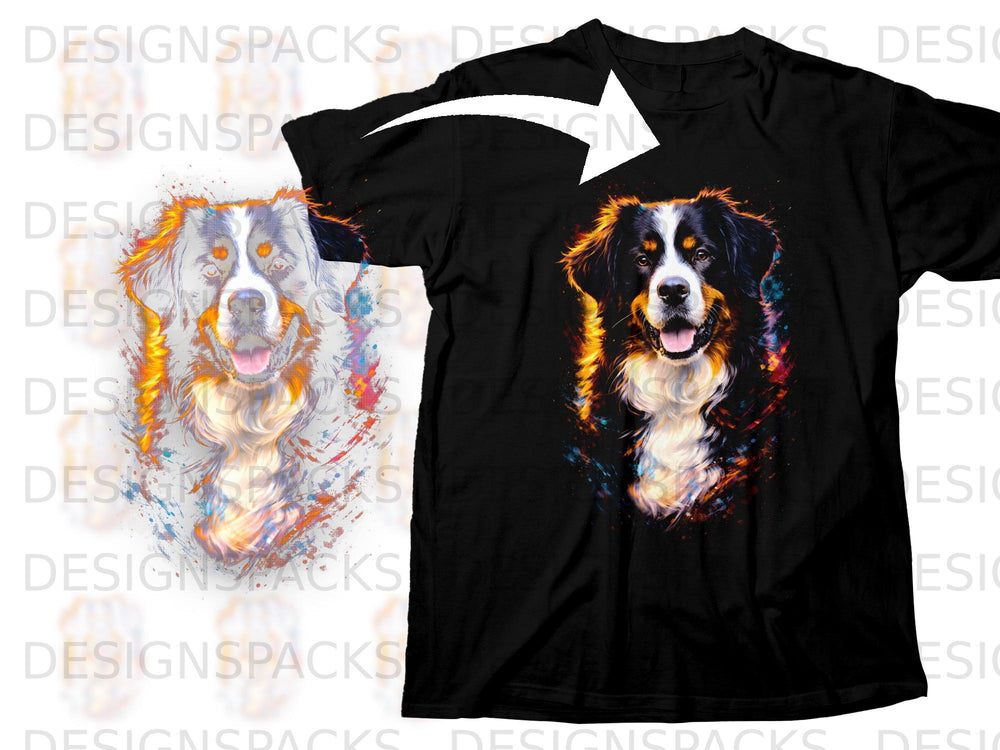 Black t-shirt with vibrant watercolor Bernese Mountain Dog print.