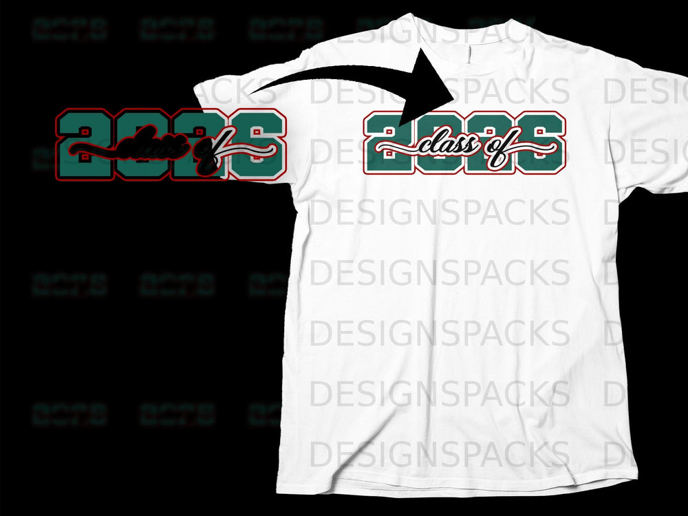White t-shirt with "Class of 2025" graphic in teal and red.
