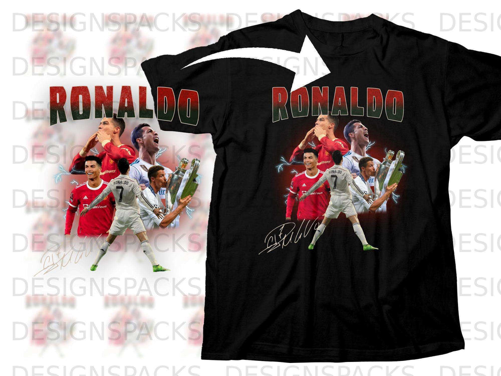 Black t-shirt featuring Cristiano Ronaldo, signed with lightning graphics.