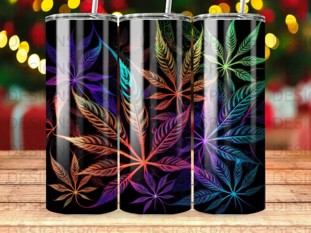 Colorful marijuana leaves pattern on a black background tumbler.