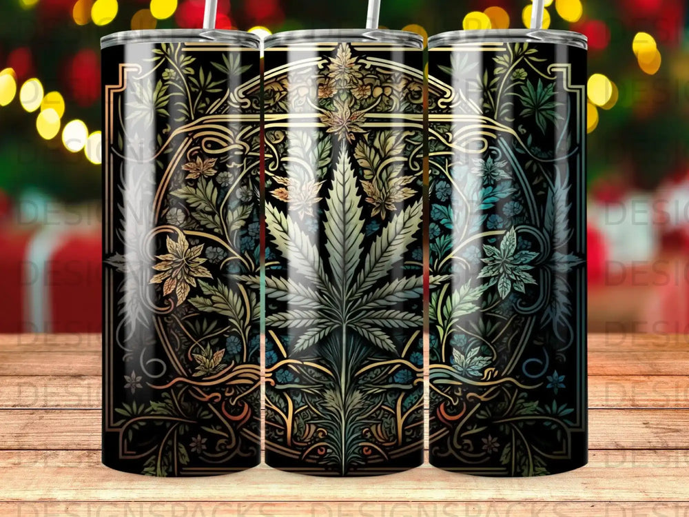 Art Nouveau cannabis leaf pattern on a black tumbler.