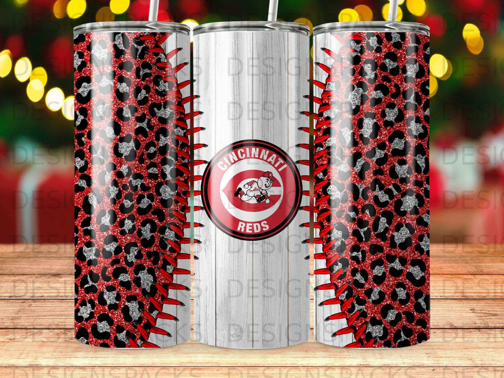 Cincinnati Reds tumbler with leopard print and baseball stitching design.