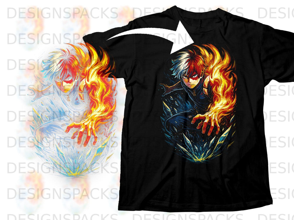 Black t-shirt with anime character Shoto Todoroki enveloped in fire and ice.