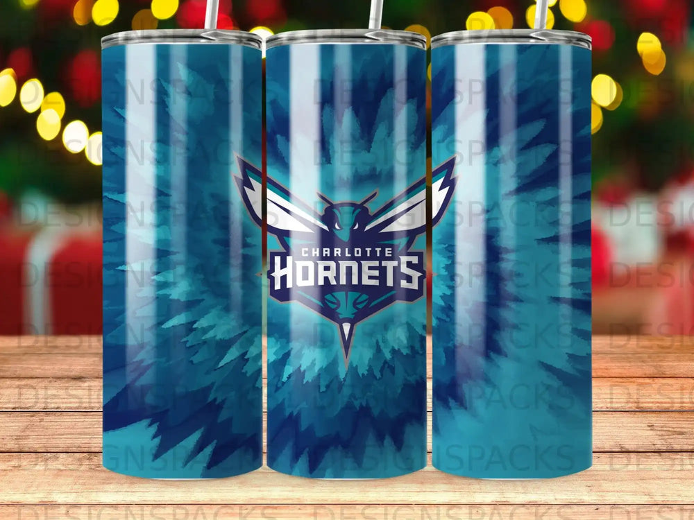 Charlotte Hornets logo on a blue tie-dye tumbler with watermarks.